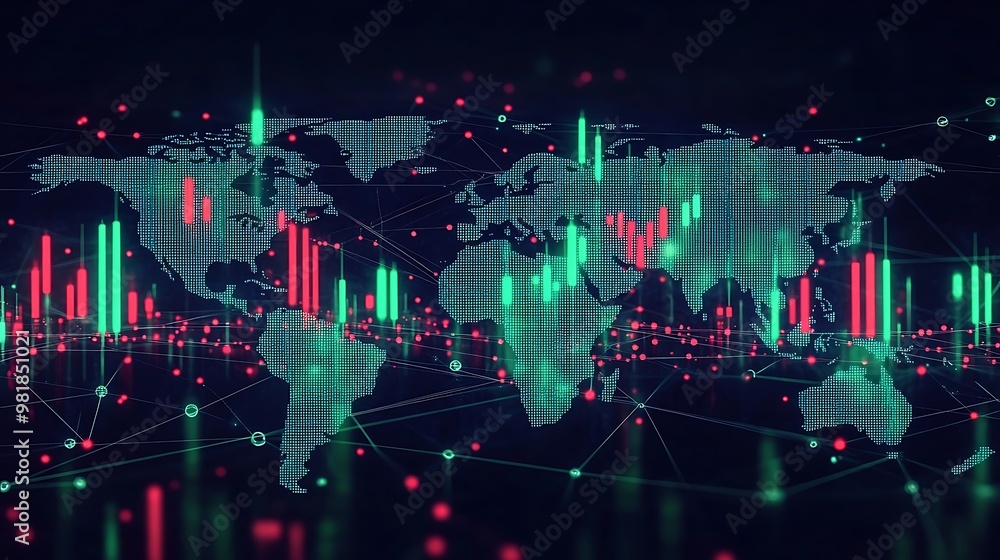 Obraz premium Fluctuating green and red candlesticks representing global cryptocurrency market volatility, projected over a pulsating world map, network lines connecting major financial centers,