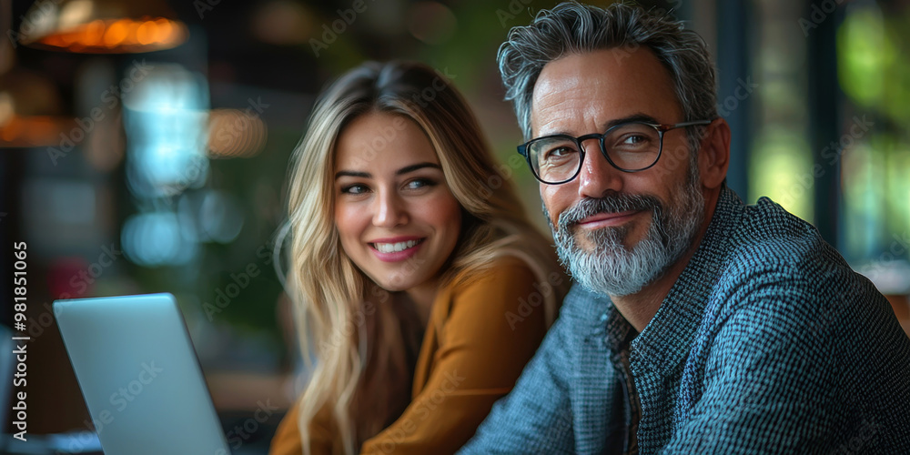 Smiling man and woman working together. Smiling man and woman working together.