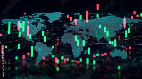 Fluctuating green and red candlesticks representing global cryptocurrency market volatility, projected over a pulsating world map, network lines connecting major financial centers,