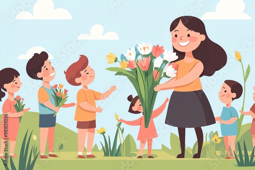 Happy Children Celebrating Teacher Appreciation with Flowers – A Heartwarming Illustration of Gratitude and Joy in a Classroom Setting