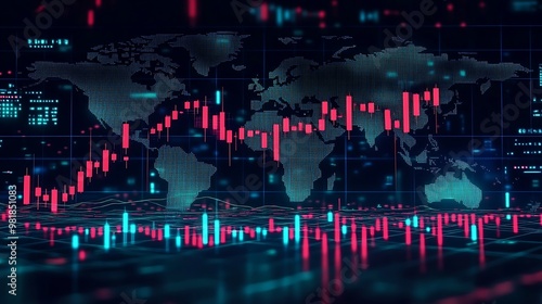 Green and red candlesticks alternating rapidly on a stock chart, projected over a world map with illuminated gridlines and glowing financial hubs, representing extreme cryptocurrency volatility, photo