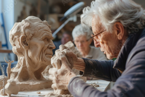 Elderly Caucasian male sculptor meticulously carving a detailed clay bust in an artistic workshop.  photo