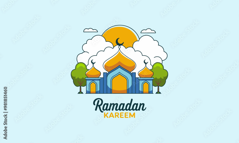 Ramadan Kareem mosque illustration with sunset background Ramadan Kareem mosque illustration with sunset background