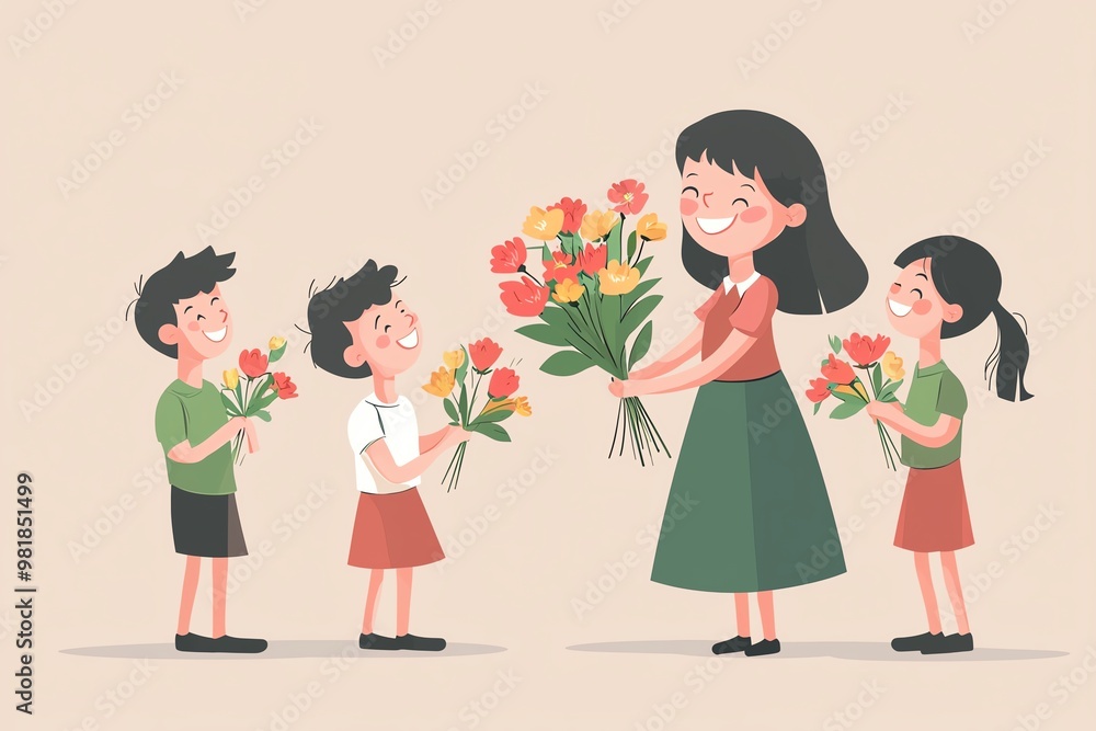 Happy Children Celebrating Teacher Appreciation with Flowers – A Heartwarming Illustration of Gratitude and Joy in a Classroom Setting Happy Children Celebrating Teacher Appreciation with Flowers – A Heartwarming Illustration of Gratitude and Joy in a Classroom Setting