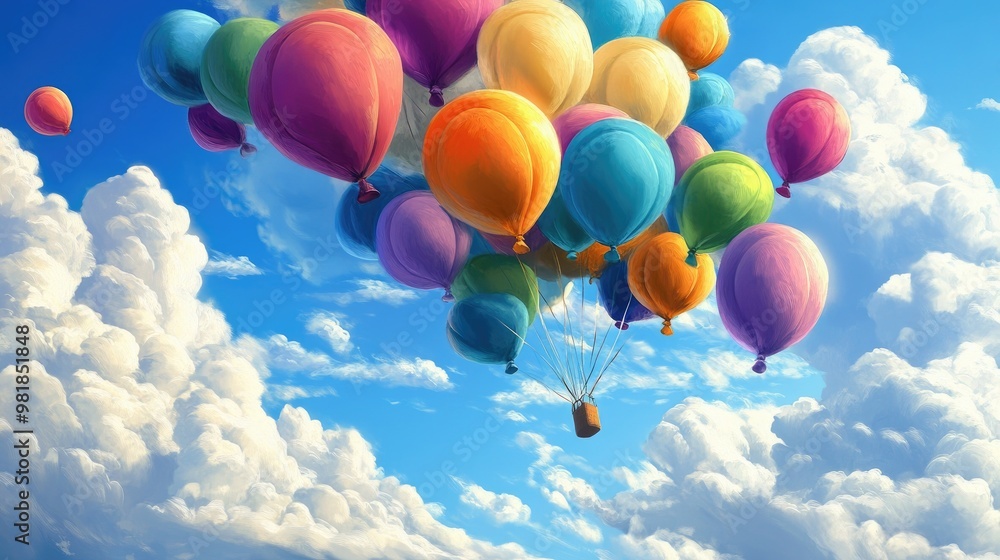 A cluster of vibrant balloons flowing freely in the sky, set against a backdrop of fluffy clouds and bright blue skies in a realistic landscape A cluster of vibrant balloons flowing freely in the sky, set against a backdrop of fluffy clouds and bright blue skies in a realistic landscape