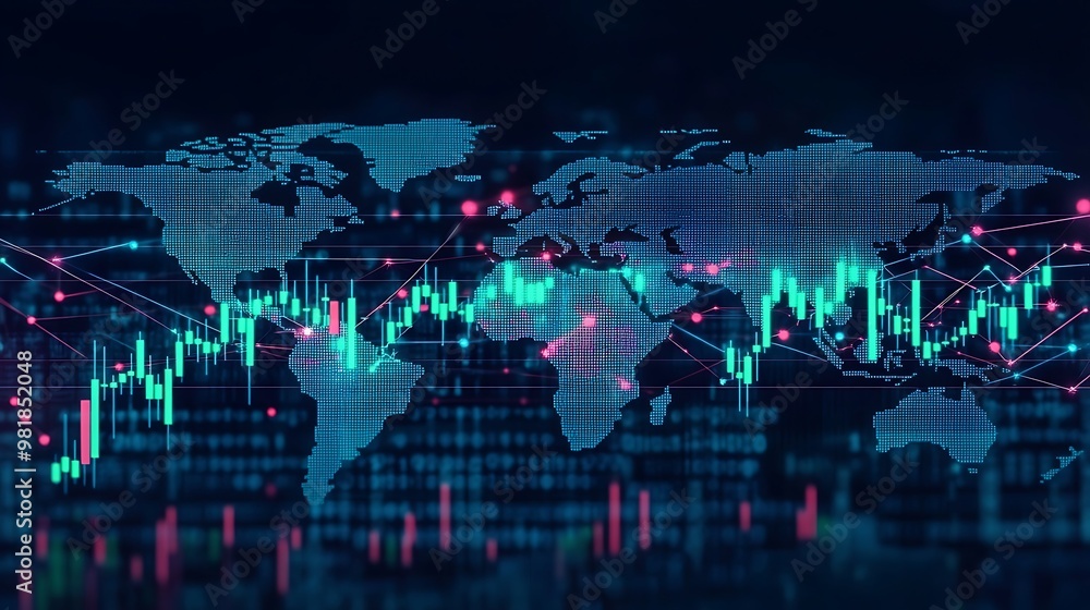 Rising green candlesticks on a stock market chart, displayed on a digital world map with bright arrows pointing to financial hubs, glowing lines connecting global cryptocurrency markets, Rising green candlesticks on a stock market chart, displayed on a digital world map with bright arrows pointing to financial hubs, glowing lines connecting global cryptocurrency markets,