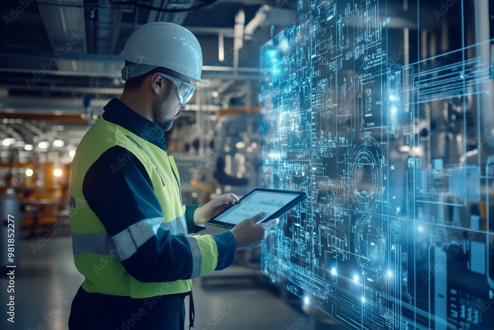 Industrial Worker Analyzing Digital Data On Tablet Industrial Worker Analyzing Digital Data On Tablet