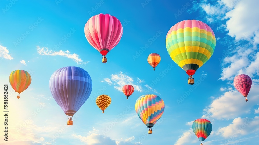 Beautiful balloons in vivid colors soaring high in the sky, set against a bright blue sky with light clouds in a realistic and joyful scene Beautiful balloons in vivid colors soaring high in the sky, set against a bright blue sky with light clouds in a realistic and joyful scene
