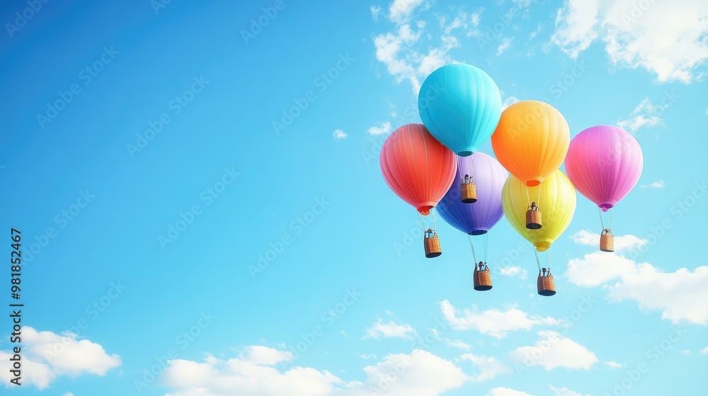 Fototapeta premium Beautiful balloons in vivid colors soaring high in the sky, set against a bright blue sky with light clouds in a realistic and joyful scene