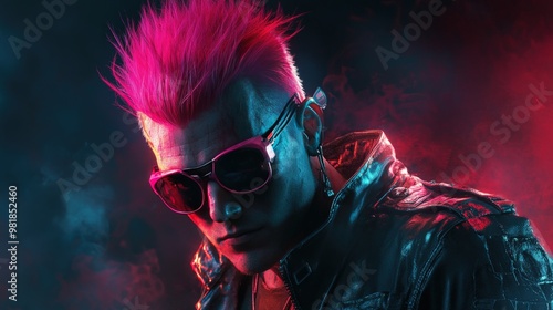 A young man with pink hair and sunglasses stares intensely at the camera in a dimly lit environment. photo