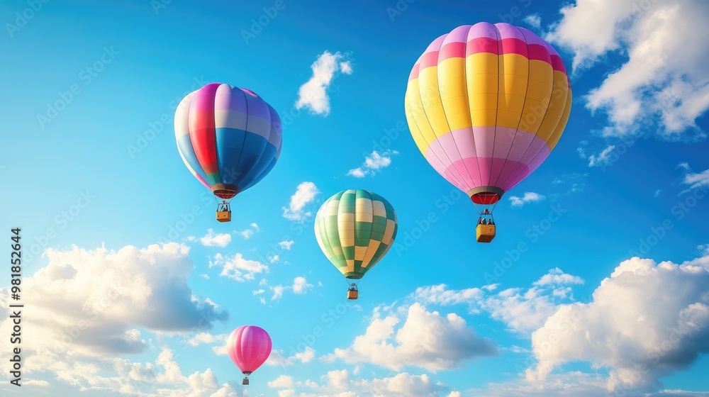 Beautiful multicolored balloons soaring high in the sky, with a stunning blue backdrop and light clouds, creating a joyful, realistic scene Beautiful multicolored balloons soaring high in the sky, with a stunning blue backdrop and light clouds, creating a joyful, realistic scene