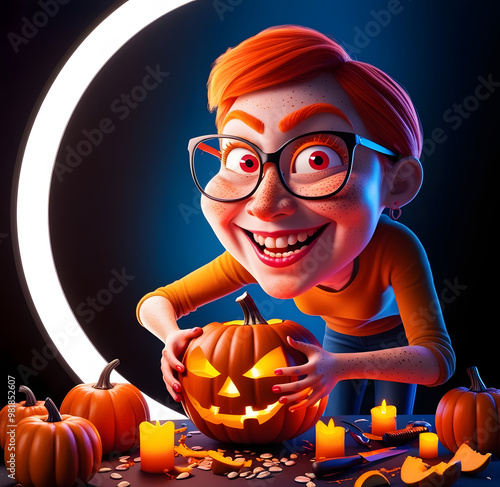 A happy child holds a Halloween pumpkin in autumn, celebrating the season with fun and smiles