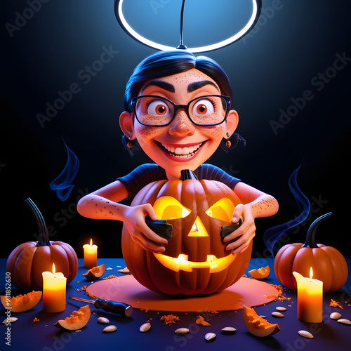 A happy child holds a Halloween pumpkin in autumn, celebrating the season with fun and smiles