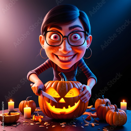 A happy child holds a Halloween pumpkin in autumn, celebrating the season with fun and smiles