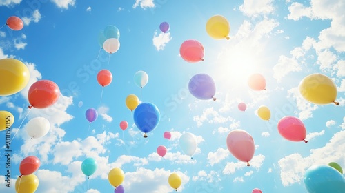 Bright and colorful balloons floating high in the sky, with a sunny blue backdrop and gentle clouds, creating a cheerful and realistic setting