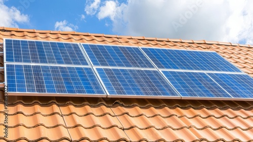 Solar Panels on Tile Roof with Blue Sky and Clouds