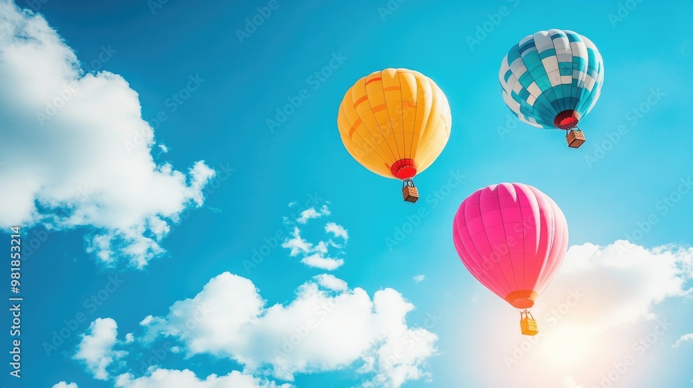 Obraz premium Stunning colorful balloons soaring through the sky on a clear, sunny day, with a realistic blue sky and soft white clouds in the background