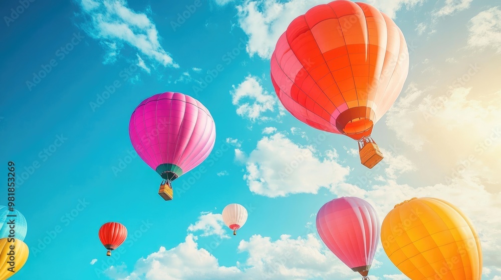 Fototapeta premium Stunning colorful balloons soaring through the sky on a clear, sunny day, with a realistic blue sky and soft white clouds in the background