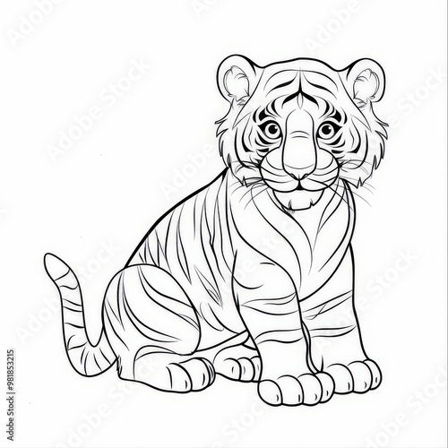 coloring page for kids, tiger, cartoon style, thick line,low detail, no shading