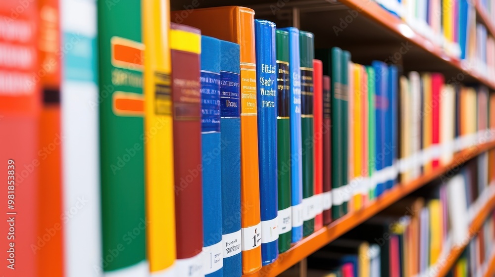 Naklejka premium Colorful Bookshelf with Close up of Hardcover Books