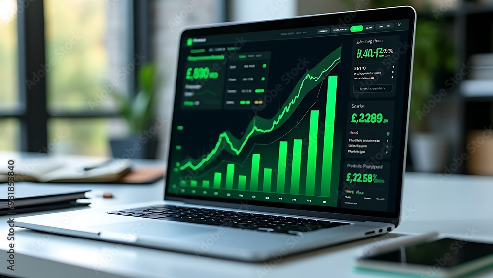 A financial growth graph displayed on a laptop screen, showcasing increasing trends and positive performance metrics. Represents modern financial analysis, investment success, and economic progress. A financial growth graph displayed on a laptop screen, showcasing increasing trends and positive performance metrics. Represents modern financial analysis, investment success, and economic progress.