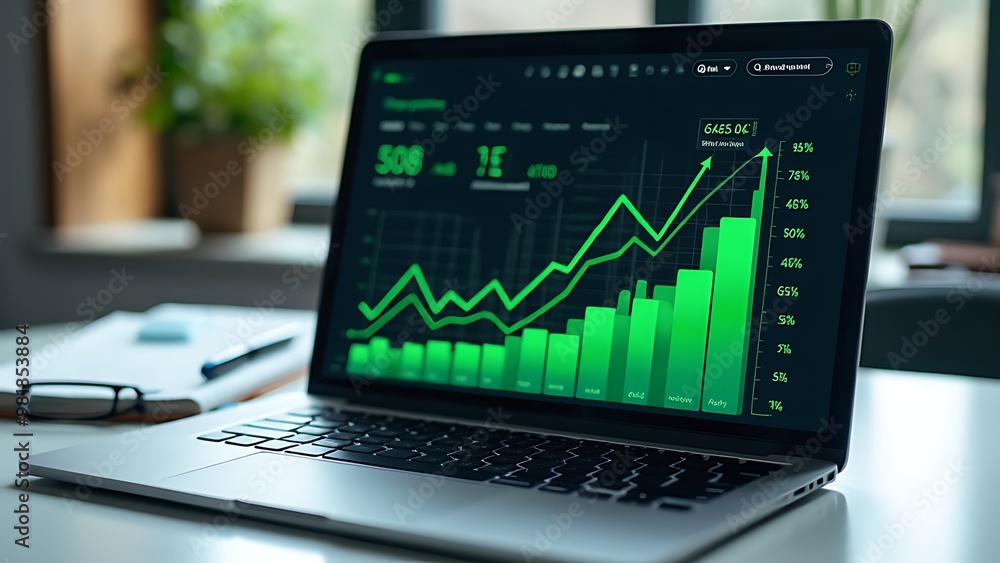 A financial growth graph displayed on a laptop screen, showcasing increasing trends and positive performance metrics. Represents modern financial analysis, investment success, and economic progress. A financial growth graph displayed on a laptop screen, showcasing increasing trends and positive performance metrics. Represents modern financial analysis, investment success, and economic progress.