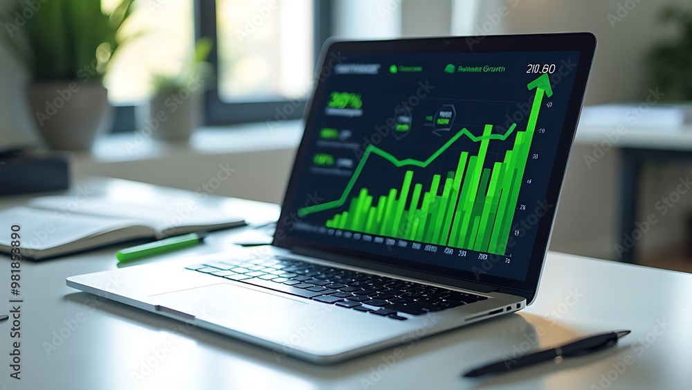 A financial growth graph displayed on a laptop screen, showcasing increasing trends and positive performance metrics. Represents modern financial analysis, investment success, and economic progress. A financial growth graph displayed on a laptop screen, showcasing increasing trends and positive performance metrics. Represents modern financial analysis, investment success, and economic progress.