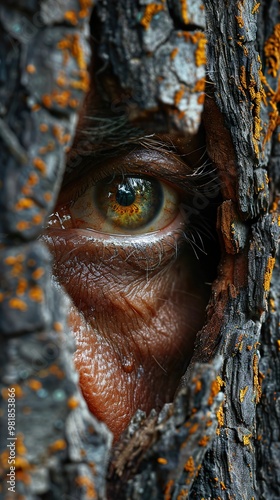 Close-Up of an Eye Peeking Through Tree Bark