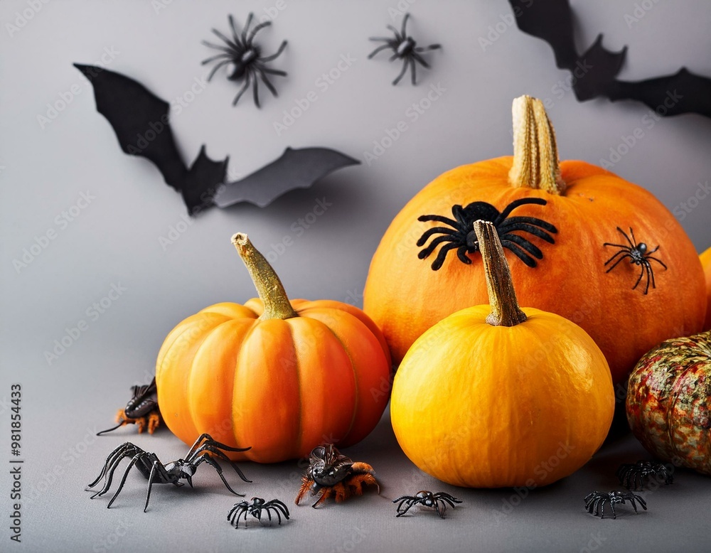 Halloween concept. Top view photo of pumpkins bats skull crossed bones silhouettes centipedes and spiders on isolated grey background with copyspace Halloween concept. Top view photo of pumpkins bats skull crossed bones silhouettes centipedes and spiders on isolated grey background with copyspace