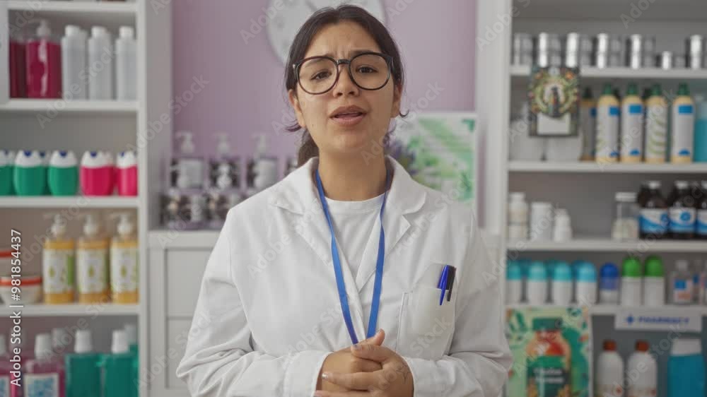 Pharmacist in uniform, young hispanic woman pointing to the side with finger and hand, smiling happily in a pharmacy Pharmacist in uniform, young hispanic woman pointing to the side with finger and hand, smiling happily in a pharmacy