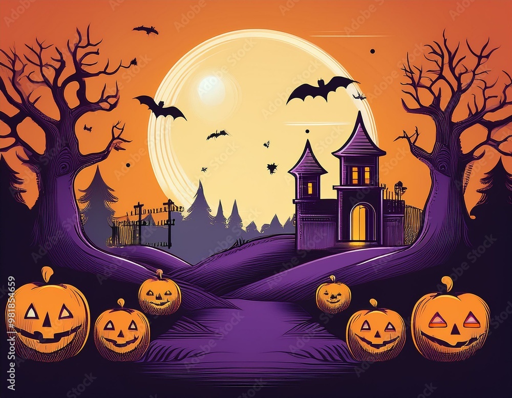 Fototapeta premium Happy Halloween banner. background with haunted house bats. 