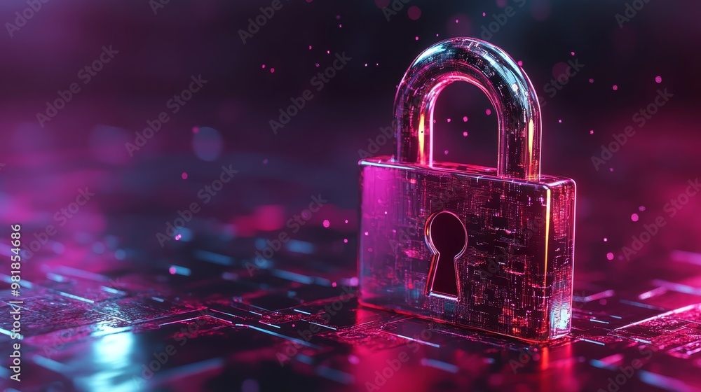 Cyber Security Padlock with Neon Lights and Circuit Board Texture Cyber Security Padlock with Neon Lights and Circuit Board Texture