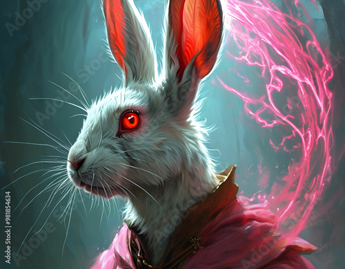 epic fantasy art, roaring rabbit with glowingred eyes and pink druid magic photo