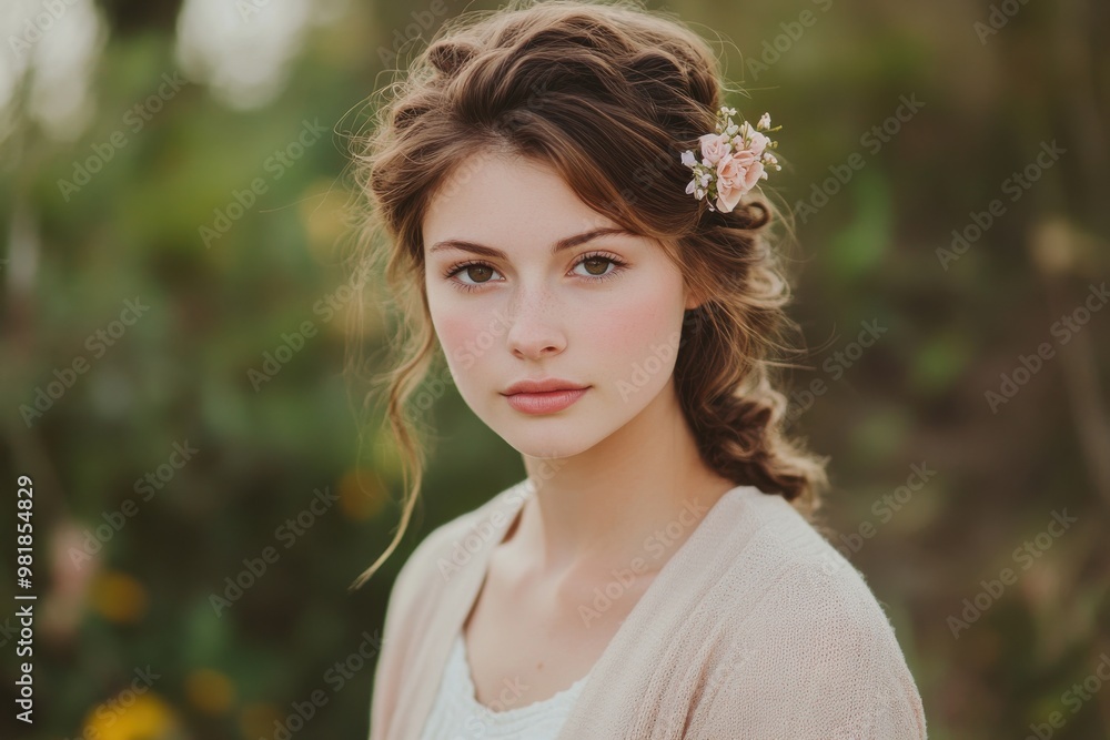 Close-up portrait of young woman in pastel cardigan with floral hair clip Close-up portrait of young woman in pastel cardigan with floral hair clip