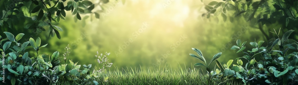 Fototapeta premium Green Leaves and Grass in Sunlight with Blurred Background