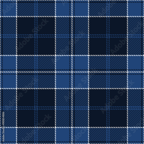 Dark navy blue and white tartan plaid pattern. Vector seamless check pattern for plaid fabric, flannel shirt, blanket, clothes, skirt, tablecloth, textile.