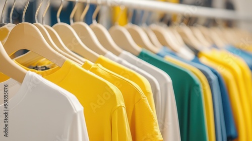 Colorful T Shirts Hanging On Wooden Hangers In Clothing Store