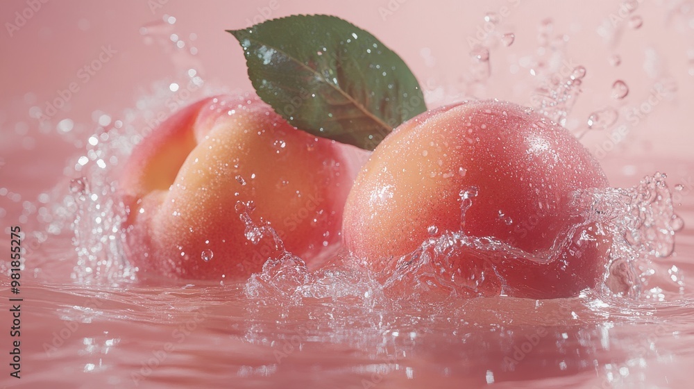Fototapeta premium Two Peaches Splashing into Water with a Green Leaf