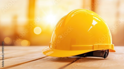 Yellow Hard Hat Safety Helmet on Wooden Table with Bokeh Background