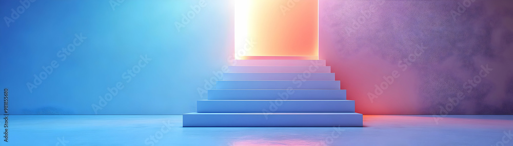Obraz premium Holographic White Staircase Leading to Glowing Door: Close-Up of Personal Growth Journey Concept, Isolated on White for Self-Improvement Photo Stock