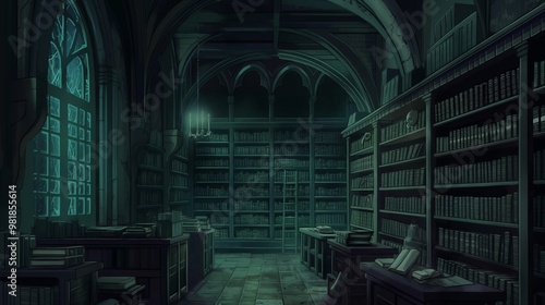 a library at night for halloween theme, anime style, many books on shelves