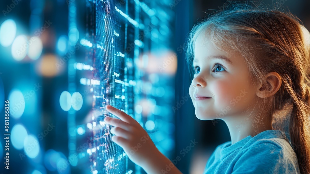 Little Girl Exploring Futuristic Technology with Touchscreen Little Girl Exploring Futuristic Technology with Touchscreen