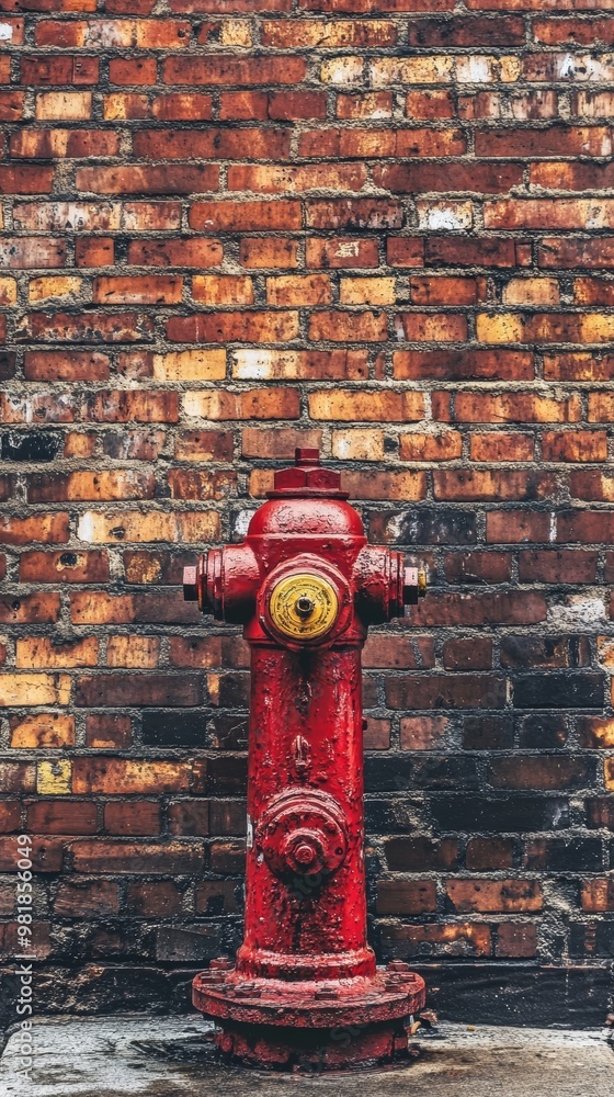 Red fire hydrant against brick wall, urban Red fire hydrant against brick wall, urban