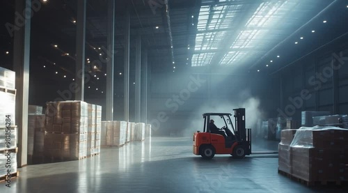 Scene of logistics warehouse has a forklift in it, Camera slow motion with different angles