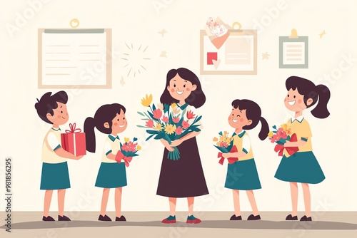 Happy Children Celebrating Teacher Appreciation with Flowers – A Heartwarming Illustration of Gratitude and Joy in a Classroom Setting