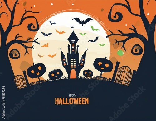 Happy Halloween banner. background with haunted house bats.  photo