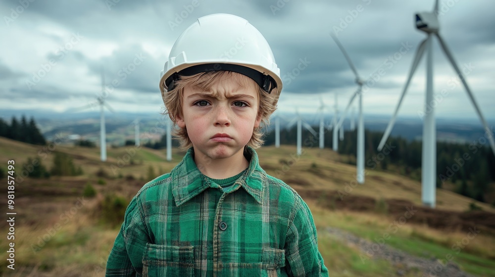 Young boy in hard hat stands in front of wind turbines. Young boy in hard hat stands in front of wind turbines.