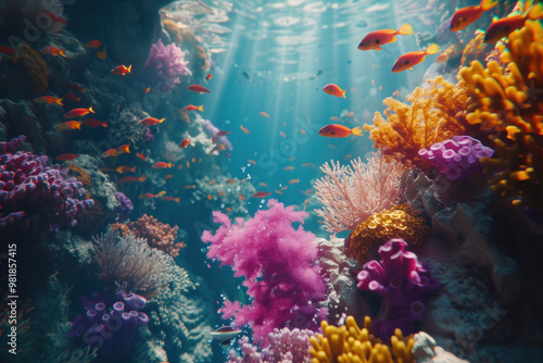 Colorful fish swim among vibrant coral in a bustling undersea reef setting. Jellyfish glide gently in the crystal-clear water under the soft glow of aquarium lighting. photo