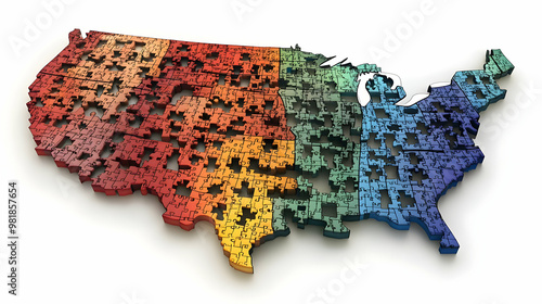 3D Jigsaw Map of Voting Districts Concept: Vector Illustration of Puzzle Pieces Representing Redistricting with Separated Parts, Isolated on White Background for Labels photo