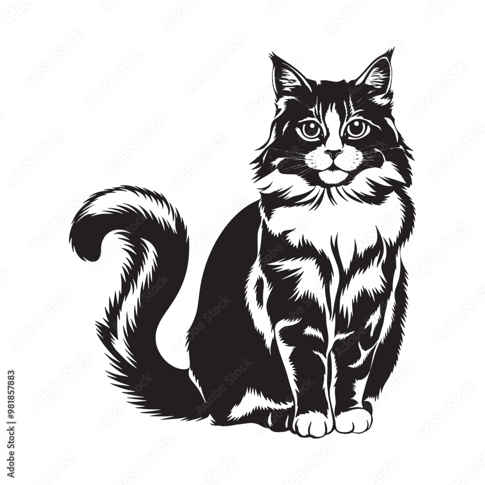 Obraz premium Black and White Cat Silhouette Vector Illustration, Cute Cat Silhouette Vector Designs